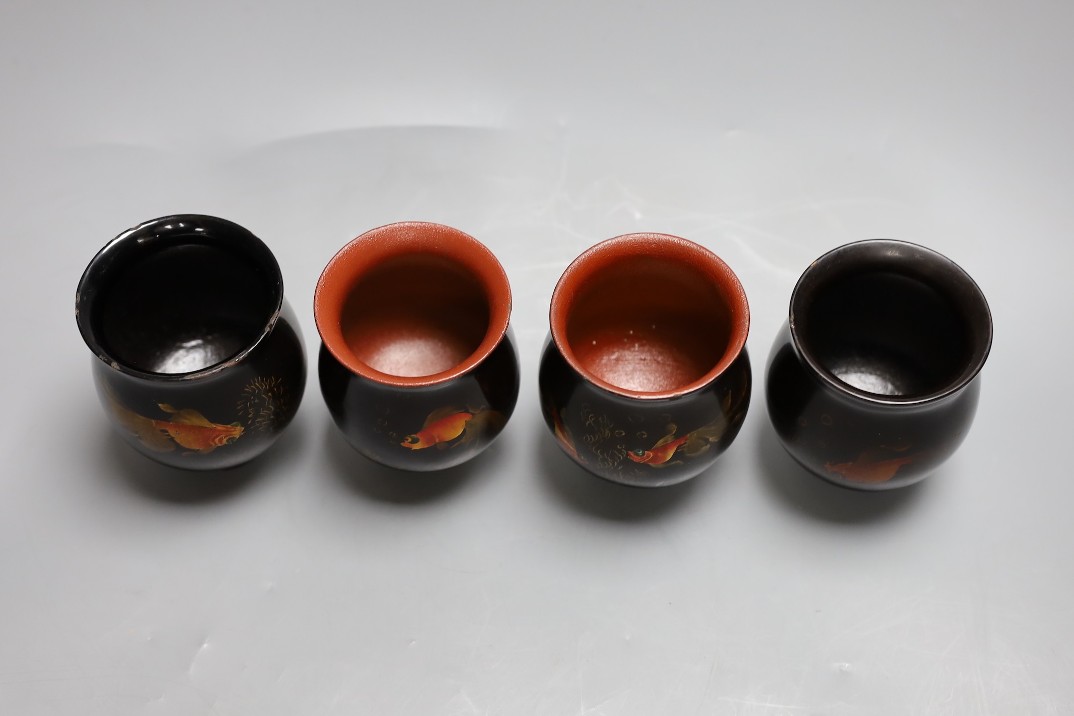 Four Vietnamese lacquer goldfish cups, 10 cms high